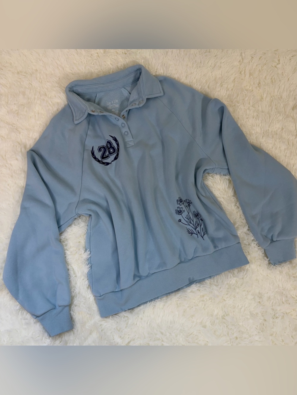 Zoe + Liv Powder Blue Embroidered Snap-Neck Sweatshirt